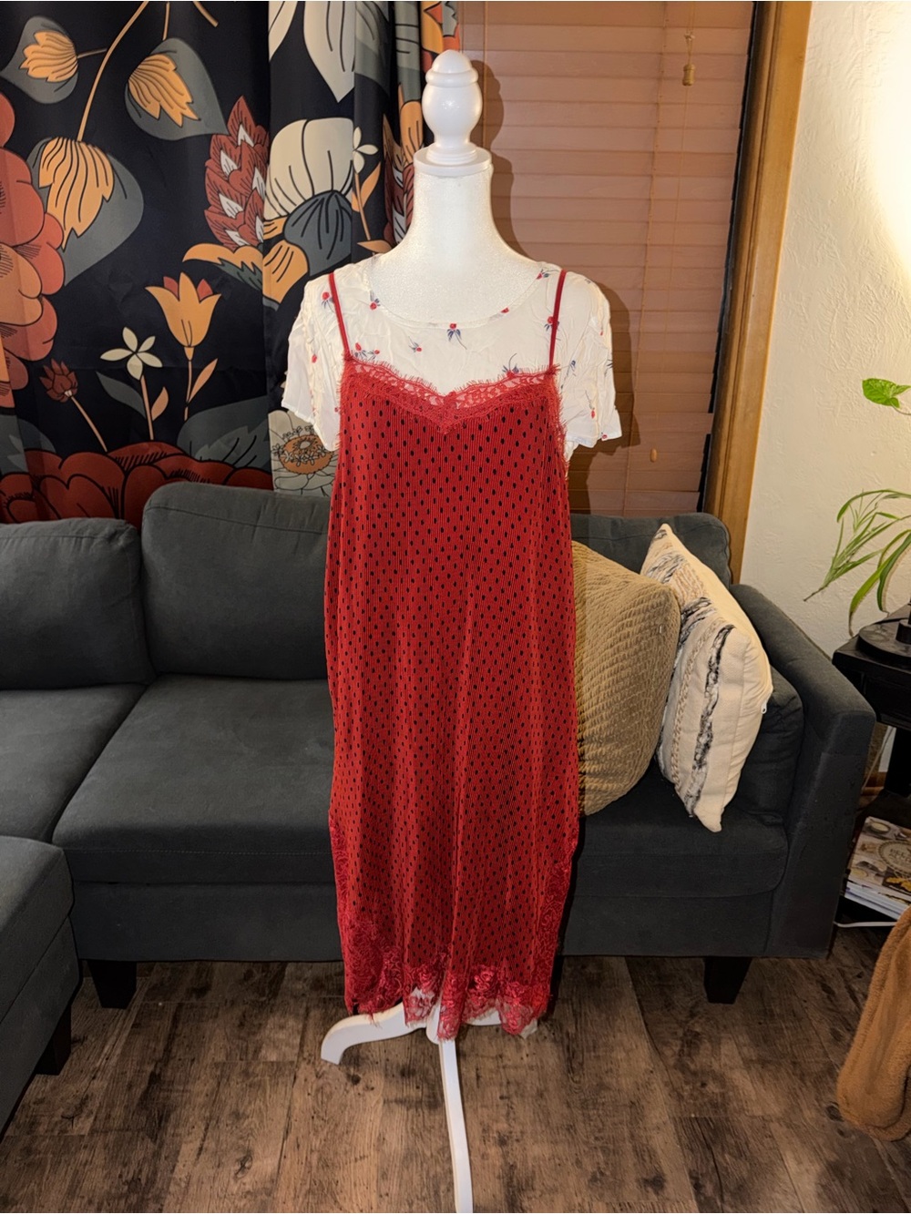 Free People Red Polka Dot Lace Trim V-Neck Strappy Slip Midi Dress Size 10